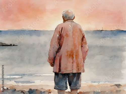 An image of an old man standing looking at the sea in the evening, staring blankly ahead but his eyes are full of longing and memories