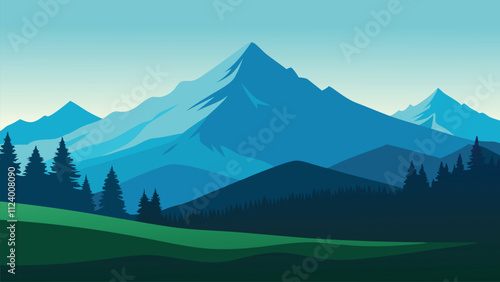 Tranquil mountain scene with dense trees and rolling grass, highlighting the peacefulness of the outdoors flat vector illustration natural background.