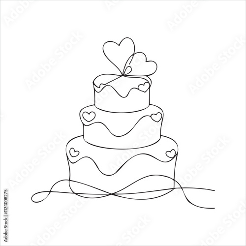 White wedding cake Continuous line art flat vector illustration on white background.