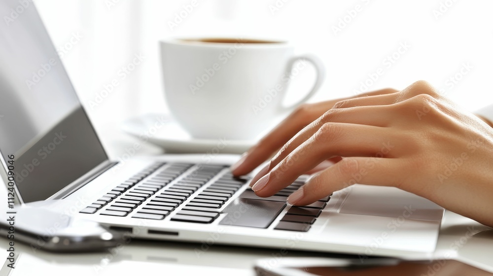 Fototapeta premium Hands typing on laptop, coffee nearby.