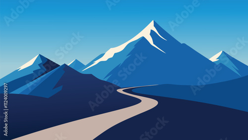 Mountain range with a winding road leading towards its majestic peaks under a clear blue sky flat vector illustration natural background