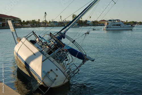 Photography Wide view Derelict boat on the edge of the concrete Seawall on Boca Ciega Bay in St Pete Beach FL