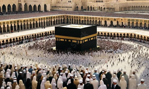Massive crowd of pilgrims surrounding the Kaaba in Mecca's Grand Mosque.