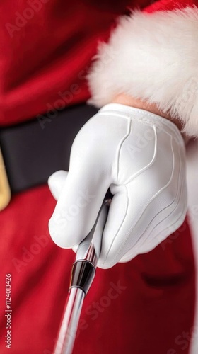 A close-up of a gloved hand holding a golf club, adorned with a festive Santa suit, suggesting a holiday theme.