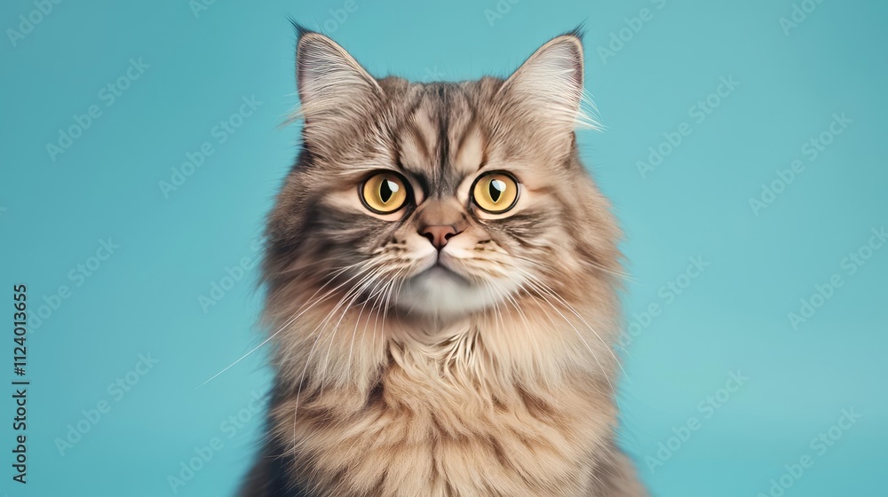 Obraz premium A majestic feline with striking yellow eyes against a vibrant blue background.