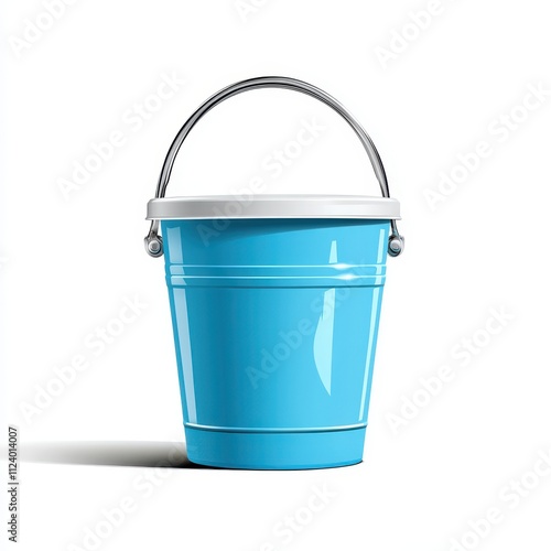 Bright Blue Plastic Bucket with Handle on White Background for Creative Projects photo