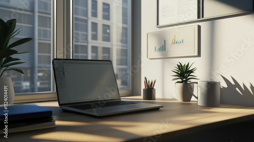 Wallpaper Mural Laptop, desk, plants, charts, sunlit workspace. Torontodigital.ca