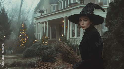 A mysterious figure in a witch's hat holding a broom stands in front of a decorated house with Christmas lights, surrounded by fog and trees, creating an eerie yet festive atmosphere.