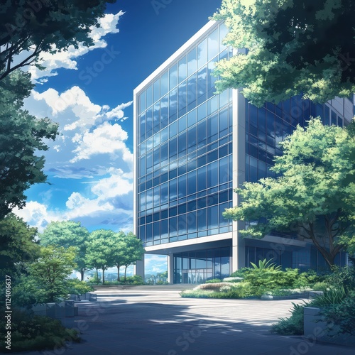 Anime office building stands amidst vibrant greenery trees, under a bright blue sky