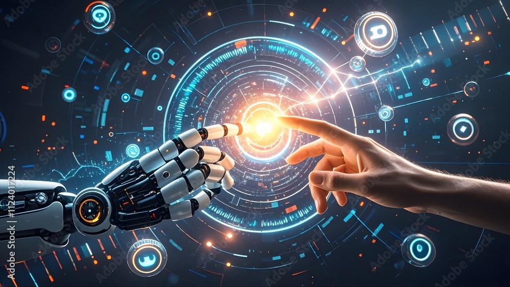 Obraz premium Hands of robot and human touching on big data network connection background, AI