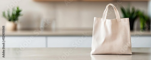 A stylish eco-friendly tote bag displayed on a clean kitchen countertop.