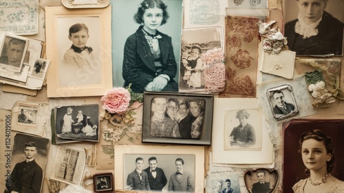 Vintage photos, postcards, and ephemera arranged on a surface.