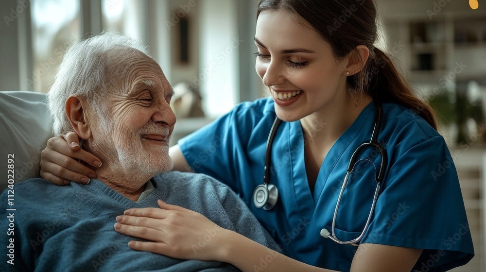 Obraz premium Smiling healthcare worker in blue scrubs