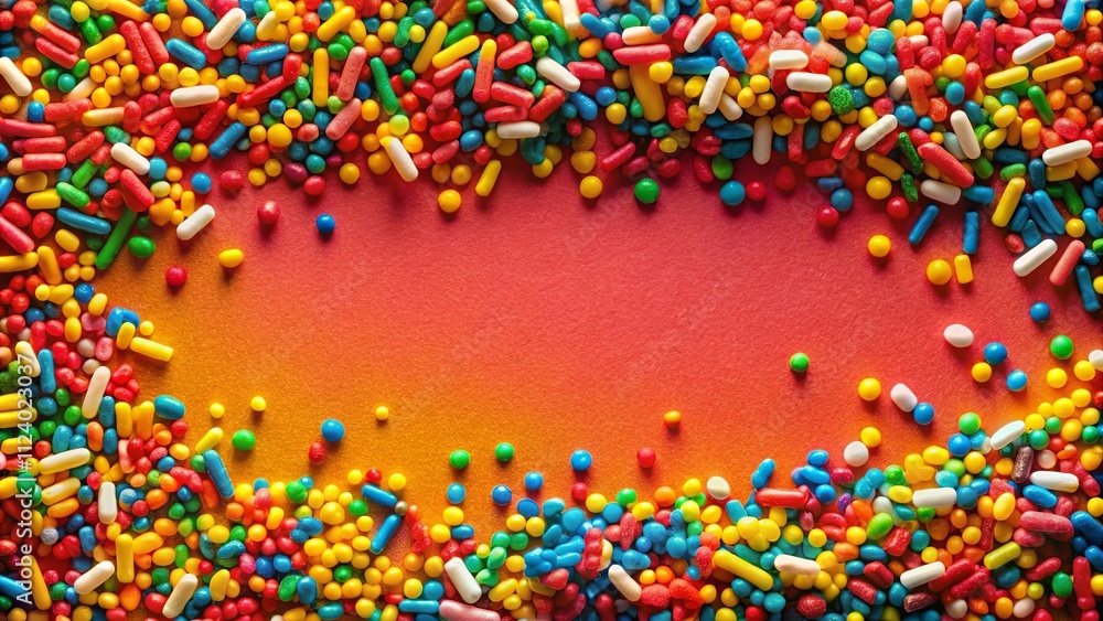 Obraz premium Colorful Candy Sprinkles Frame on a Warm Gradient Background Perfect for Festive Designs and Celebrations