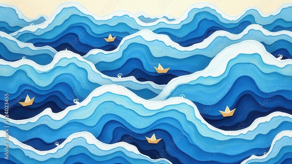 Fototapeta premium Flowing ink rivers. Seamless pattern of hand-drawn waves with little paper boats, effortlessly flowing in perfect clarity and presented in a noise-free 4K UHD format