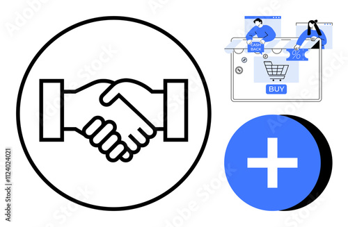 Handshake symbol in circle, online shopping with cart and cash-back offers, plusadd button. Ideal for business agreements, e-commerce, partnerships, online sales, digital transactions, customer