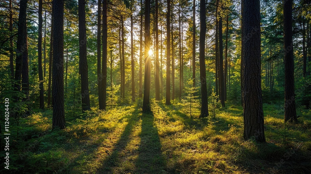 Obraz premium A serene forest landscape bathed in golden sunlight filtering through tall trees.