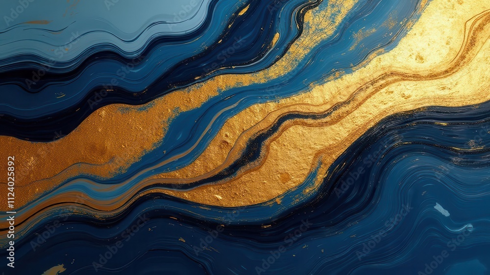 Fototapeta premium Flowing ink rivers. Art deco-inspired liquid dynamics in a fluid gold and navy blue palette, captured in a pristine 4K UHD resolution, ensuring noise-free and detailed visuals
