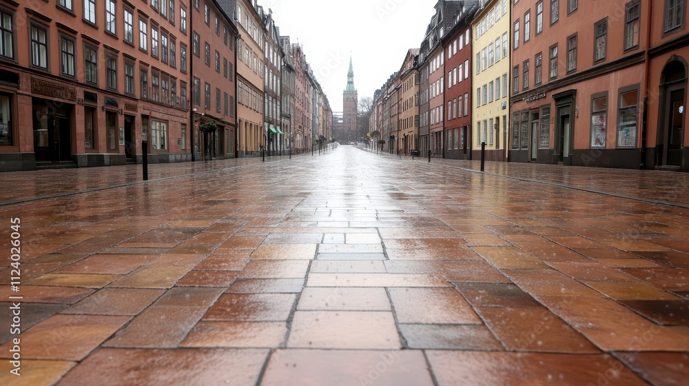 Fototapeta premium Empty City Street Rainy Day European Architecture Cobblestone Pavement