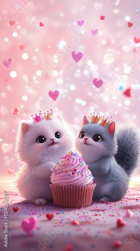 Adorable Kittens with Cupcake and Hearts Sweet Birthday Fantasy