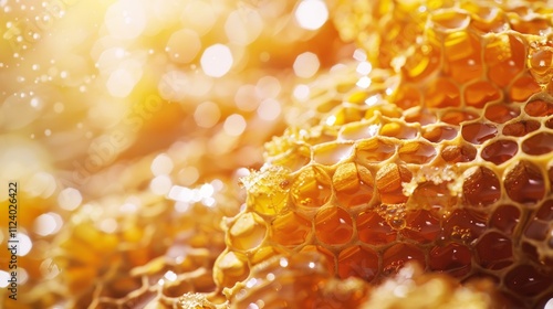 Golden Honeycomb: A Close-Up View of Nature's Sweetness,  Sweet Honey Texture, Golden Honeycomb Details, Honeycomb Background