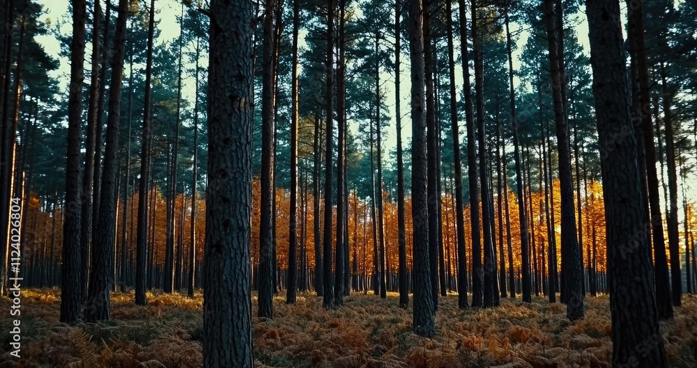 Obraz premium Tranquil forest scene with sunlight filtering through tall trees and vibrant foliage.