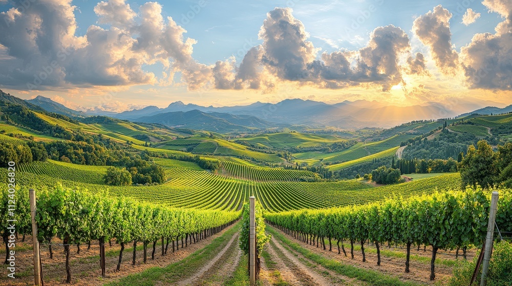 Fototapeta premium Lush vineyard landscape under a dramatic sky at sunset.