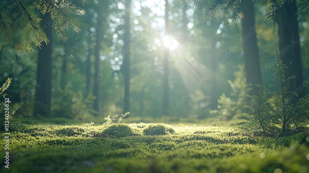 Obraz premium A serene forest scene with sunlight filtering through lush green trees, showcasing nature's beauty.