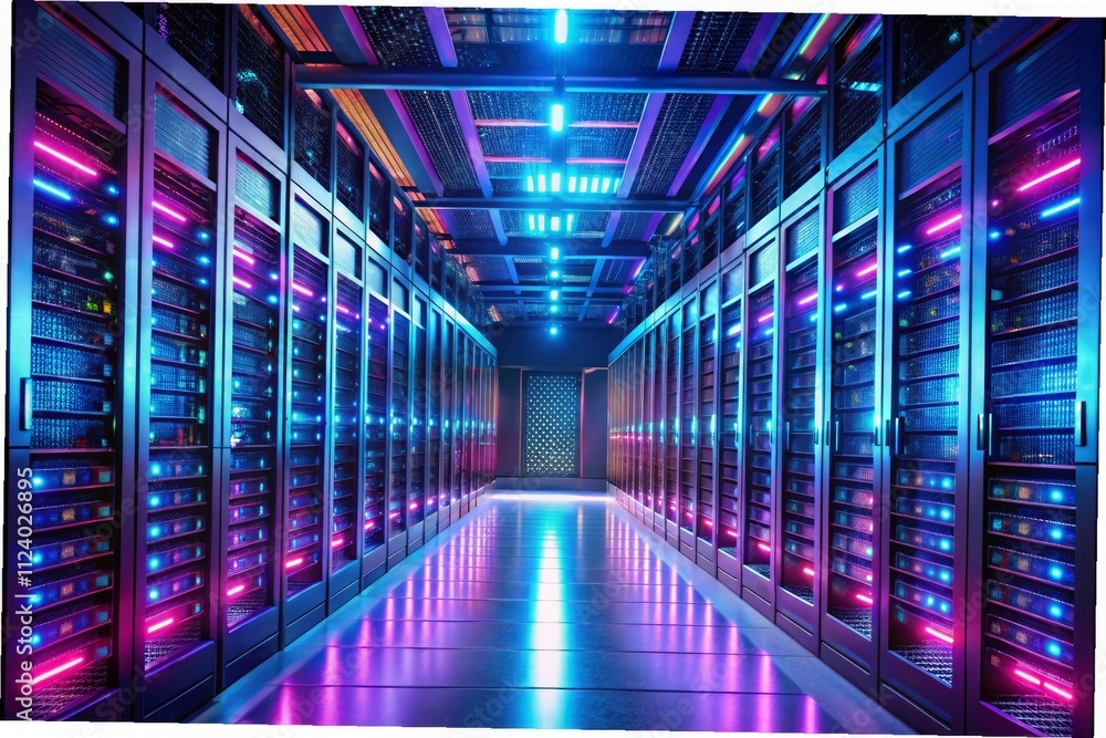 Fototapeta premium A long row of drawers with a purple and blue neon light on the bottom