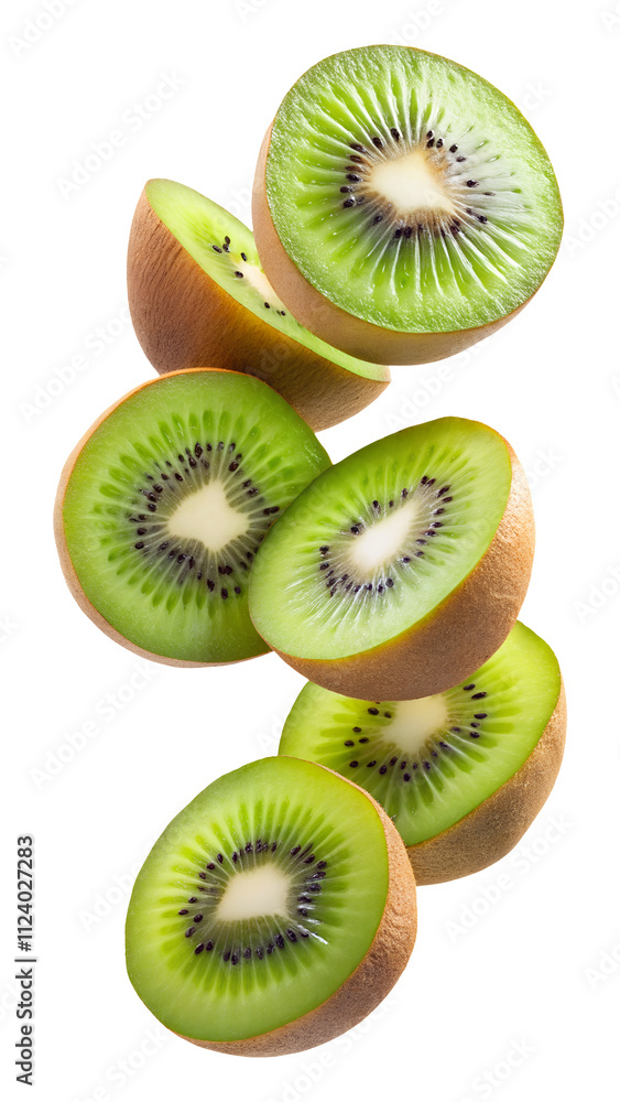 Fototapeta premium flying kiwi and half slices isolated on transparent white background, clipping path
