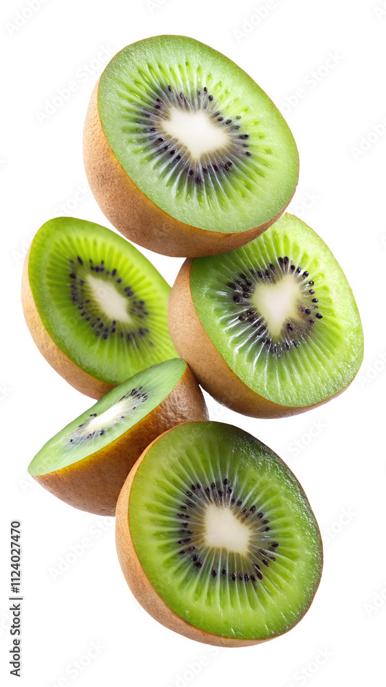 Fototapeta premium flying kiwi and half slices isolated on transparent white background, clipping path