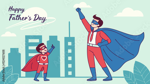 Happy Father's Day creative templates for poster, cover, banner, social media post, post card design etc. Concept of Father's day. Fathers day day creative theme. Daddy and son in an Superhero concept