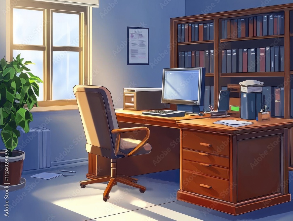 Fototapeta premium Home Office Setup: Desk, Chair, Books, Computer, Sunlight
