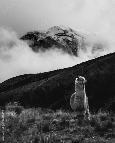 Una alpaca y el Volcán Chimborazo