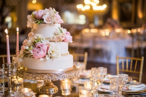 Wallpaper Mural Elegant wedding cake adorned with flowers on a beautifully set dining table in a festive venue Torontodigital.ca