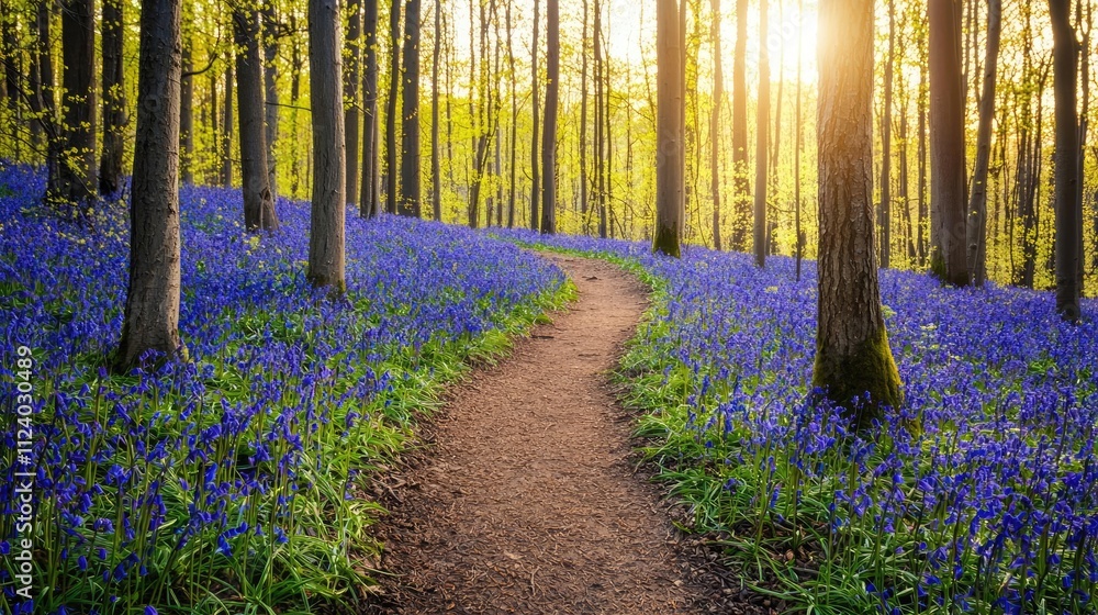 Obraz premium A serene pathway through a vibrant forest of blooming bluebells under a golden sun.