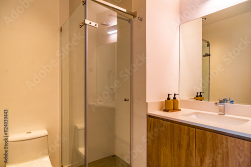 Photos baño de departamento moderno con inodoro y ducha con mampara