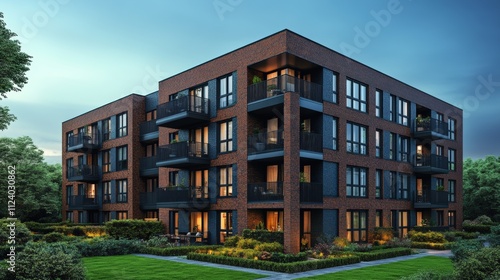Modern apartment building with balconies, surrounded by greenery and evening lighting.