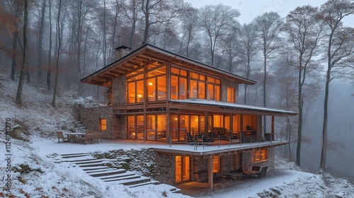 Modern cabin in a snowy forest, featuring large windows and warm lighting.