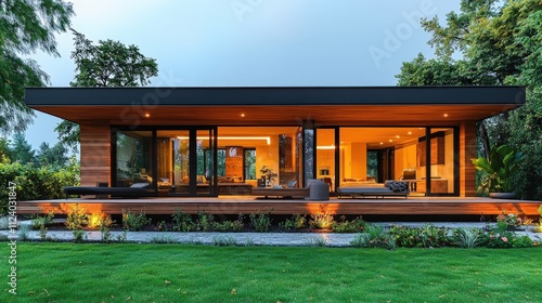Modern home with large windows and wooden deck, surrounded by greenery.