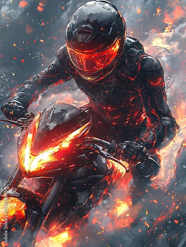 Fiery Motorcycle Rider A Digital Painting of a Motorcyclist in a Blazing Inferno. photo