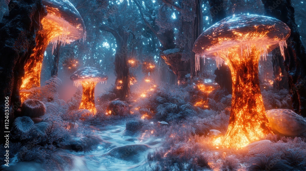 Fototapeta premium Glowing fire & ice mushrooms in a magical forest.