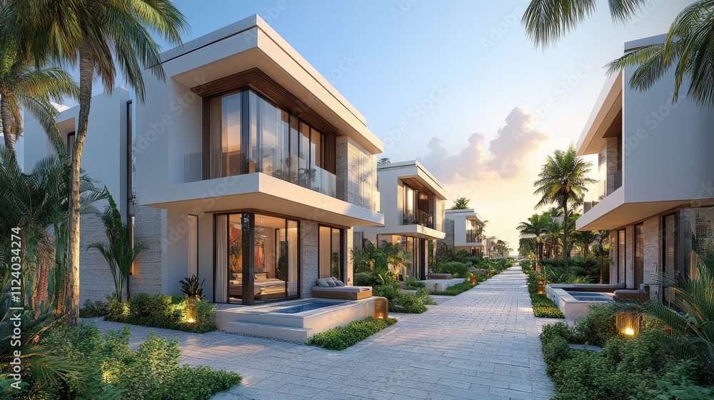 Fototapeta premium Modern villas surrounded by tropical landscaping at sunset.