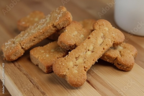 Delicious bone shaped dog biscuits on wood photo