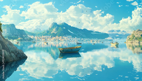 Wallpaper Mural Serene bay with fishing boats in anime style Torontodigital.ca