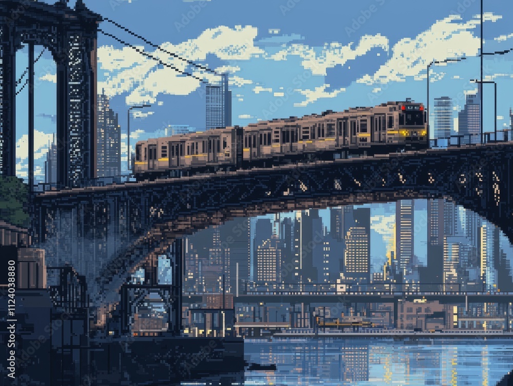 Obraz premium Pixel Art Cityscape with Train Crossing Bridge