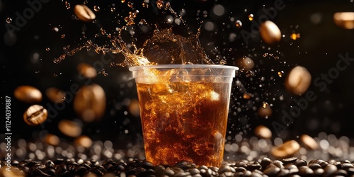 Creative product photography, food magazine shooting, the background is a cup of black tea latte, transparent plastic cup