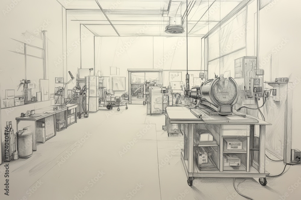 Fototapeta premium Spacious Welding Supplies Warehouse Pencil Sketch