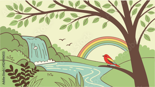 Vector, birds, lovebird in a landscape with a waterfall, a rainbow of beautiful nature, river, forest lake, surrounded by leaves, 3D, mesh, realistic illustrations.
