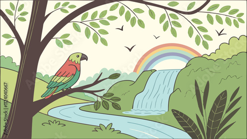 Vector, birds, lovebird in a landscape with a waterfall, a rainbow of beautiful nature, river, forest lake, surrounded by leaves, 3D, mesh, realistic illustrations.
